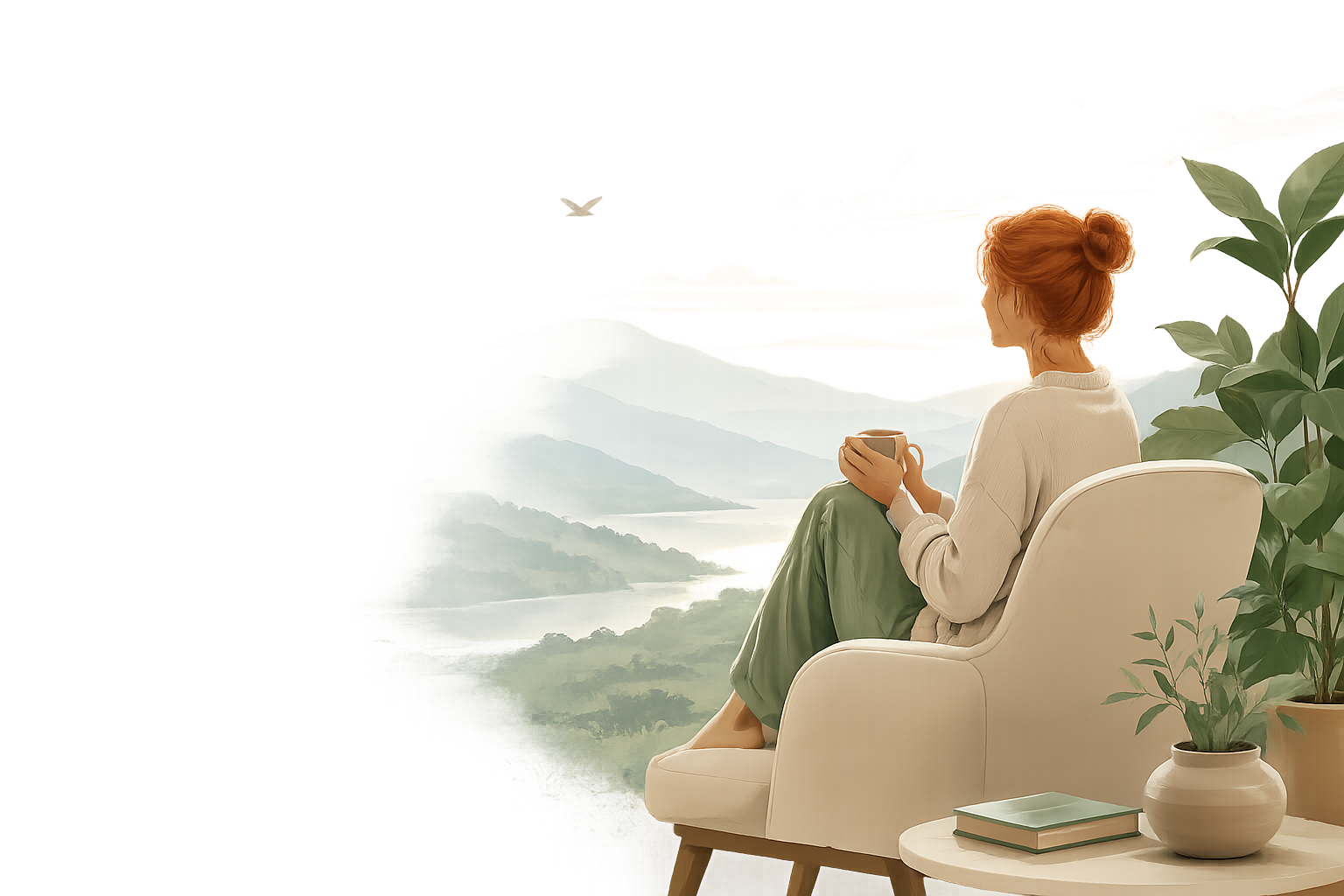 Спокойная иллюстрация: женщина с чашкой смотрит на горы и озеро